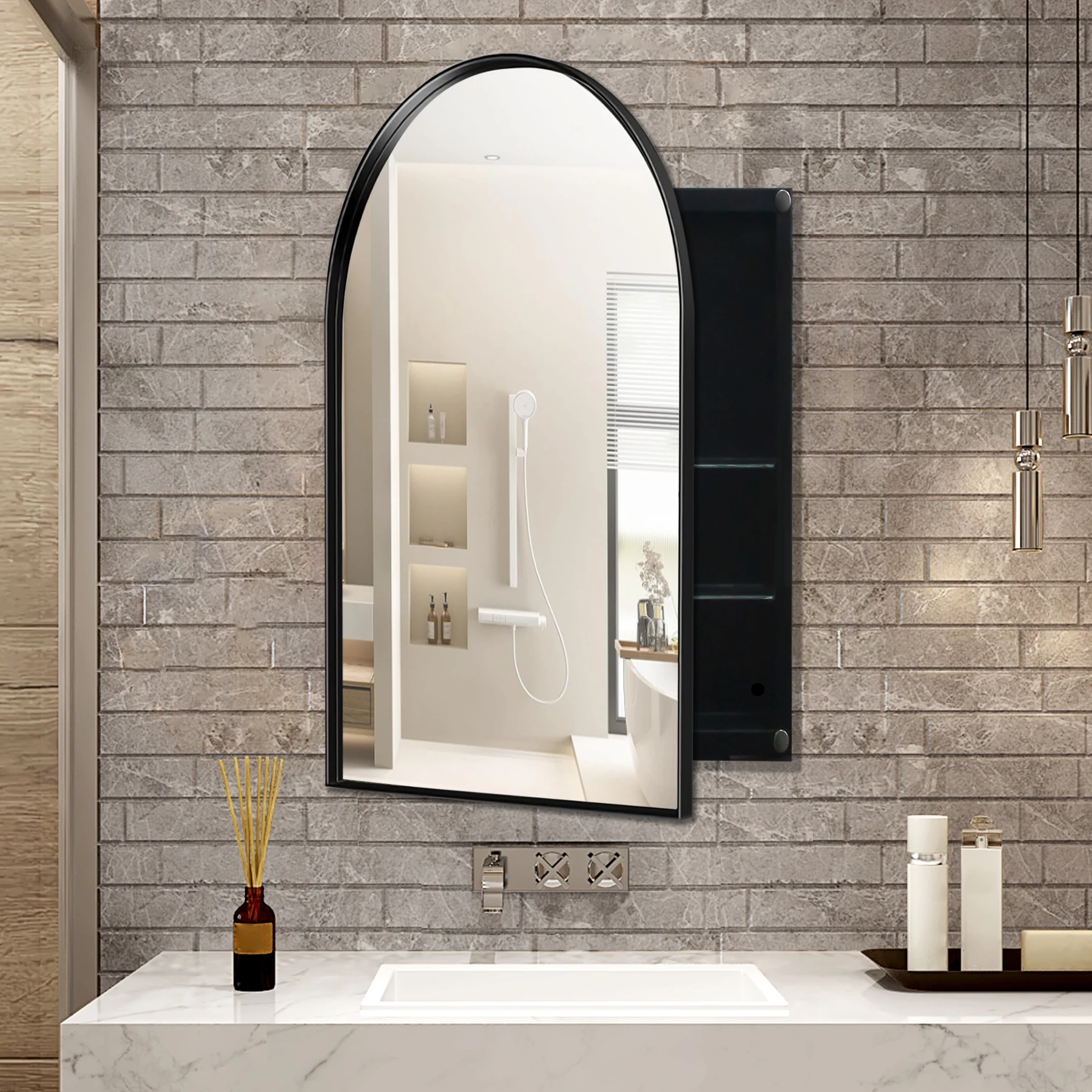 Arched mirror cabinet in a bathroom