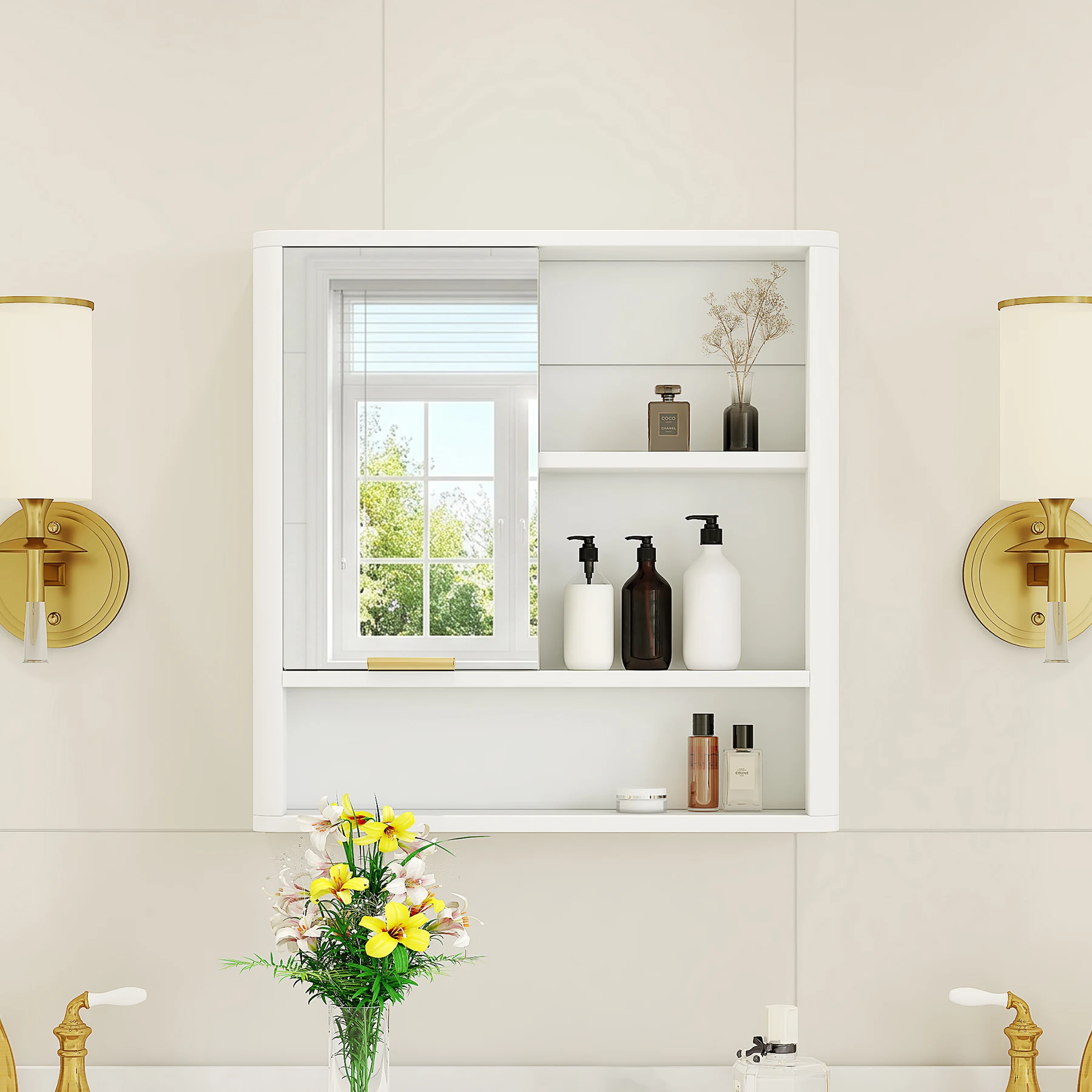 Mirror Cabinet with Open Shelves & Gold Accent