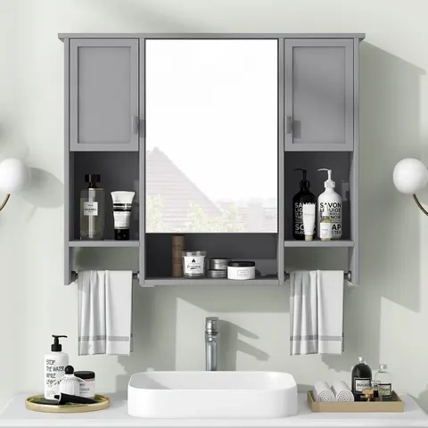 Mirror Cabinet with Towel Bar - Grey