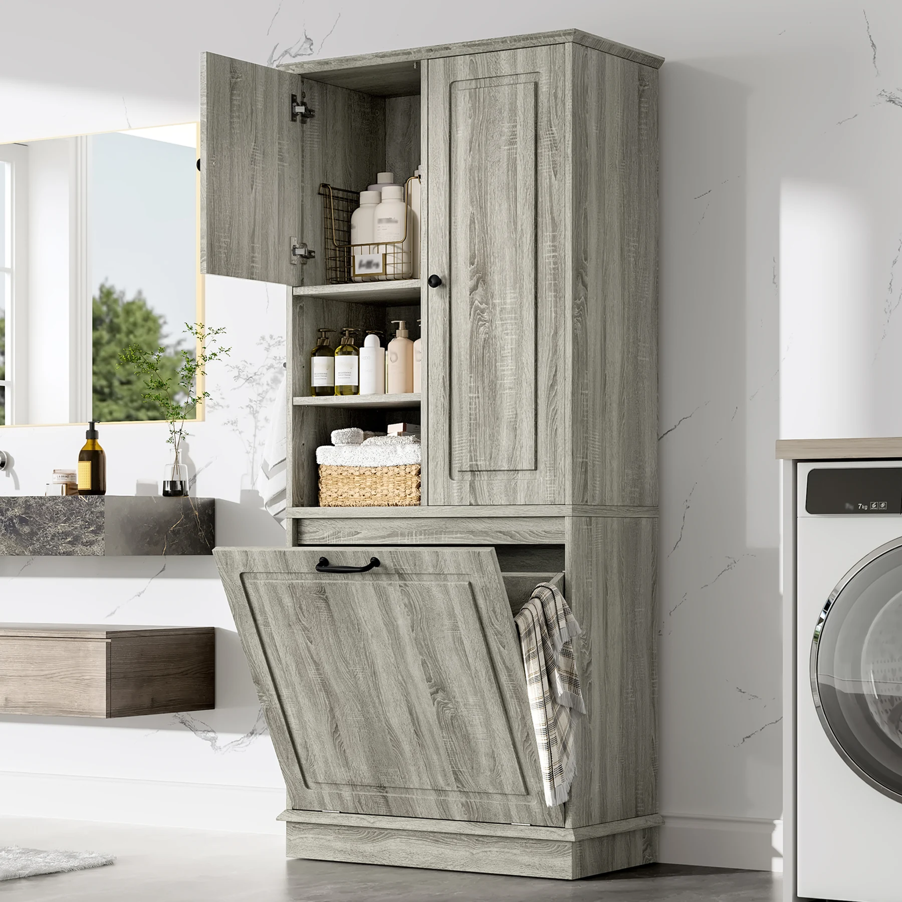 Tall Storage Cabinet with Flip-Out Basket
