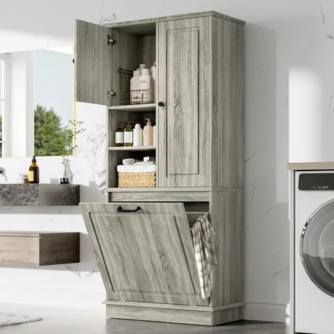 Tall Storage Cabinet with Flip-Out Basket - Oak