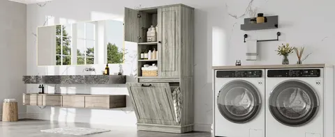 Tall Storage Cabinet with Flip-Out Basket - image 2