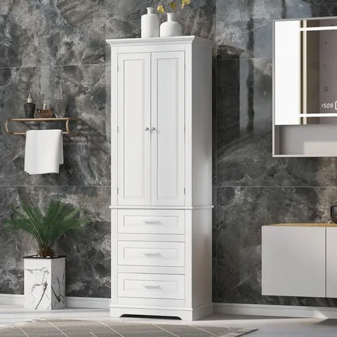 Tall Storage Cabinet with Three Drawers - White